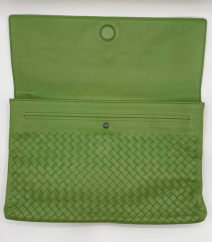 Bottega Veneta Intrecciato Green Leather Flap Clutch