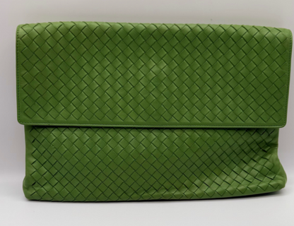 Bottega Veneta Intrecciato Green Leather Flap Clutch