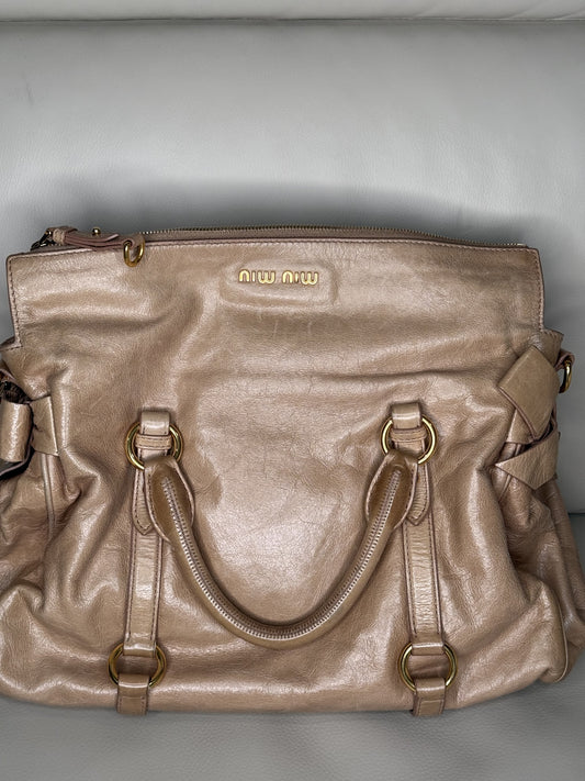 Miu Miu Vitello Lux Bow Bag in Beige Leather with Gold Hardware