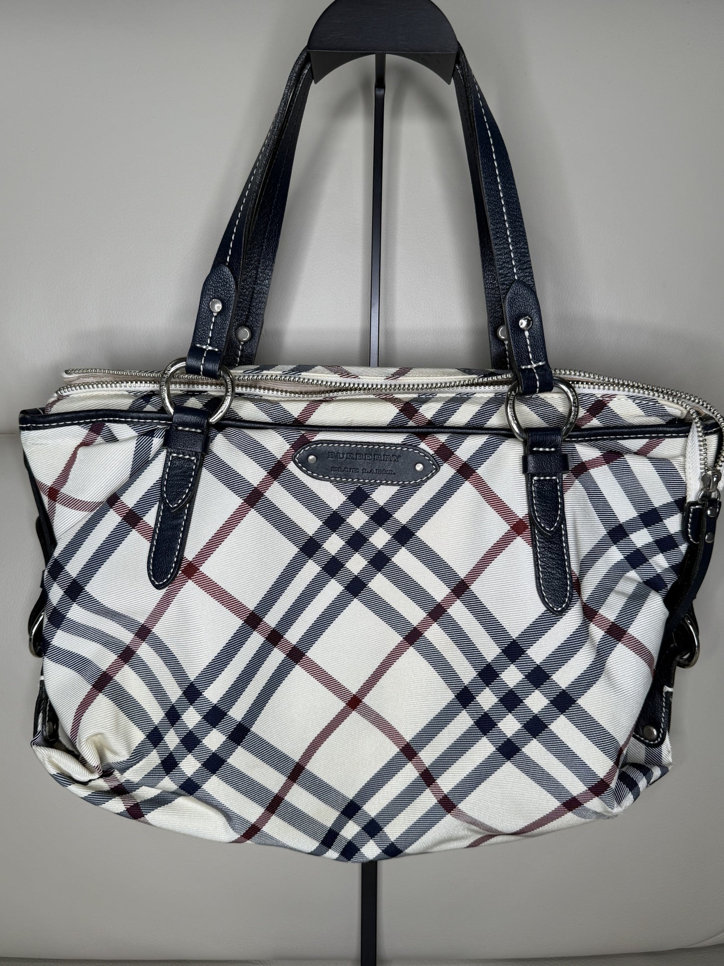 Burberry Blue Label Check Canvas Tote Bag – White/Navy/Red