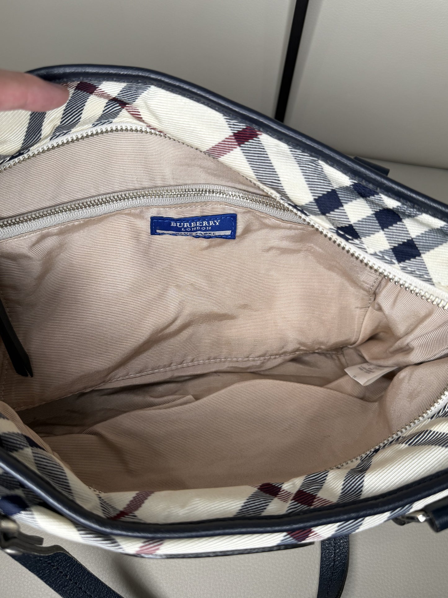 Burberry Blue Label Check Canvas Tote Bag – White/Navy/Red