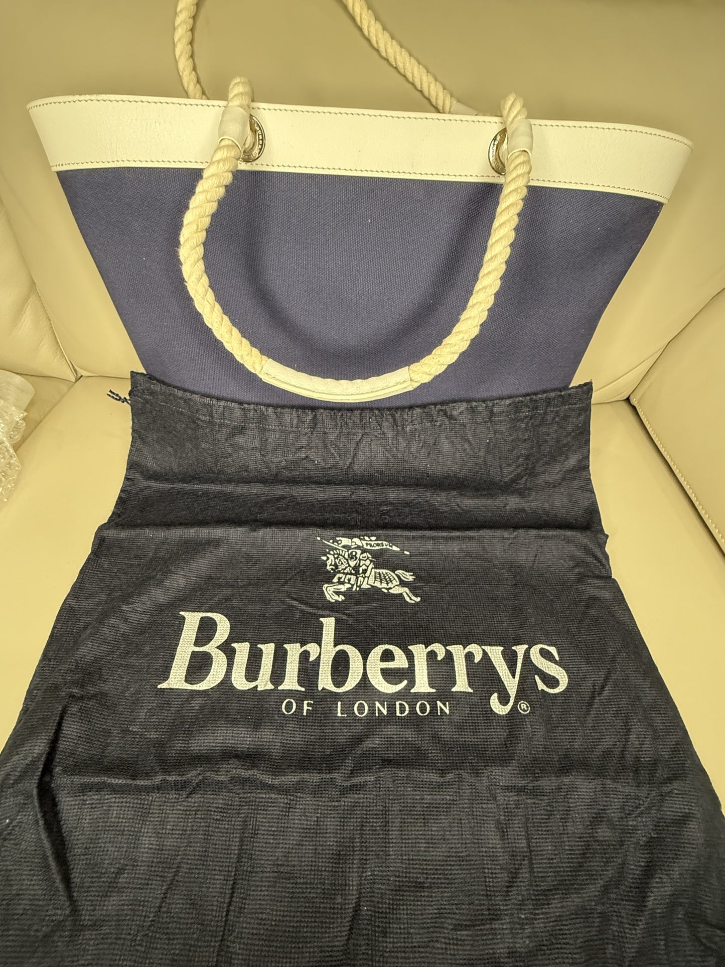 Burberry Navy Canvas & Leather Trim Tote Bag
