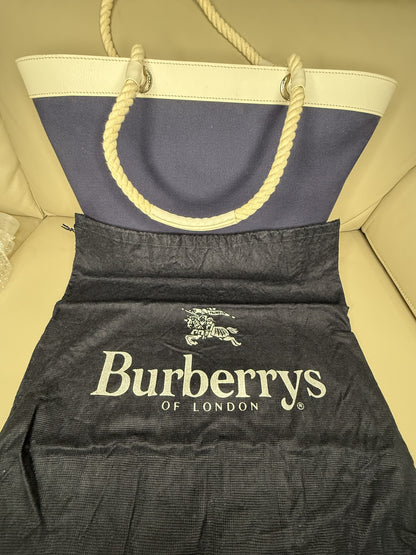Burberry Navy Canvas & Leather Trim Tote Bag