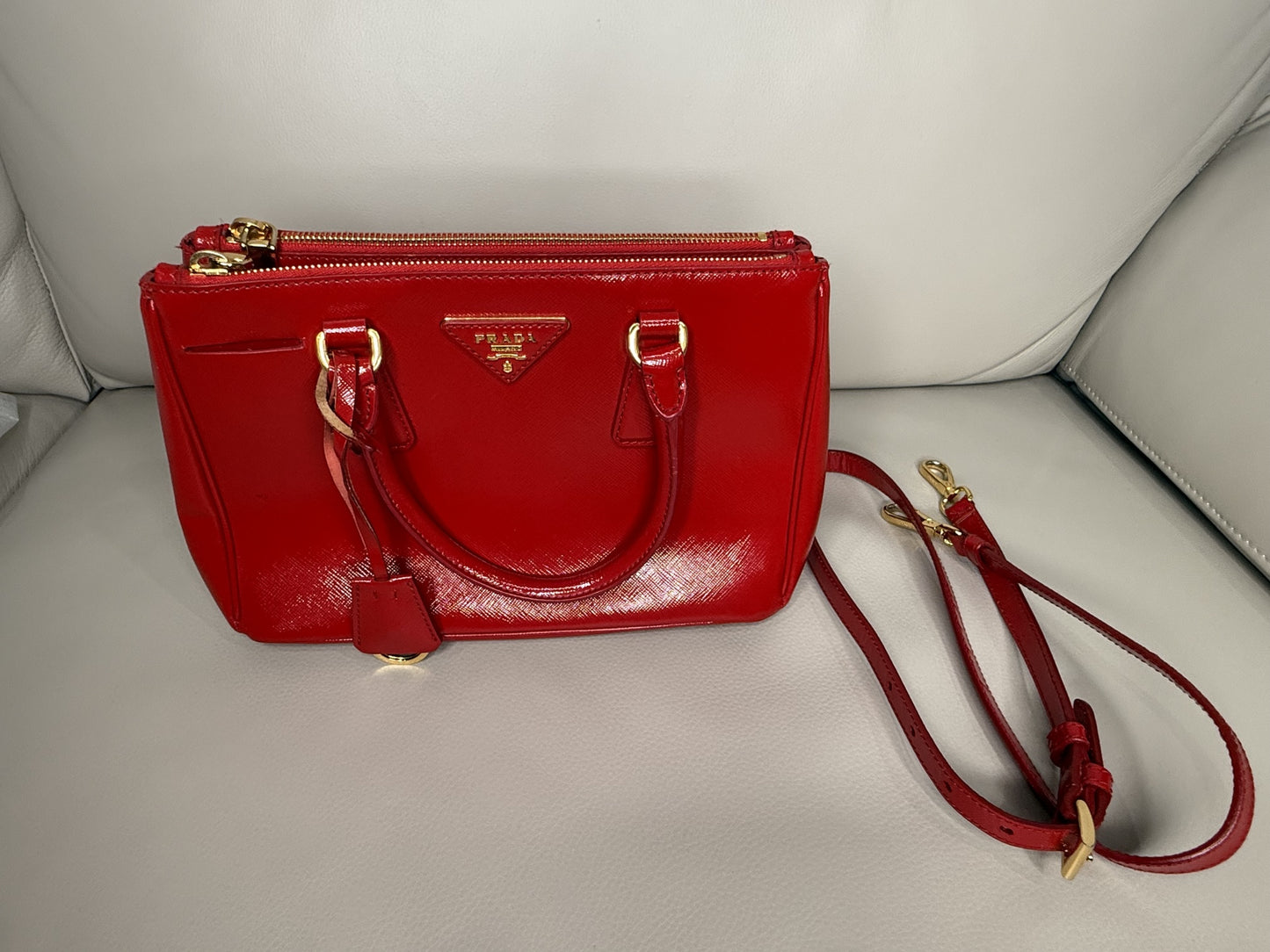 Prada Saffiano Lux Double-Zip “Two-Way” Satchel in Ferrari Red