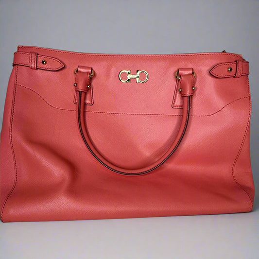 Salvatore Ferragamo Gancini Saffiano Leather Tote in Coral Pink