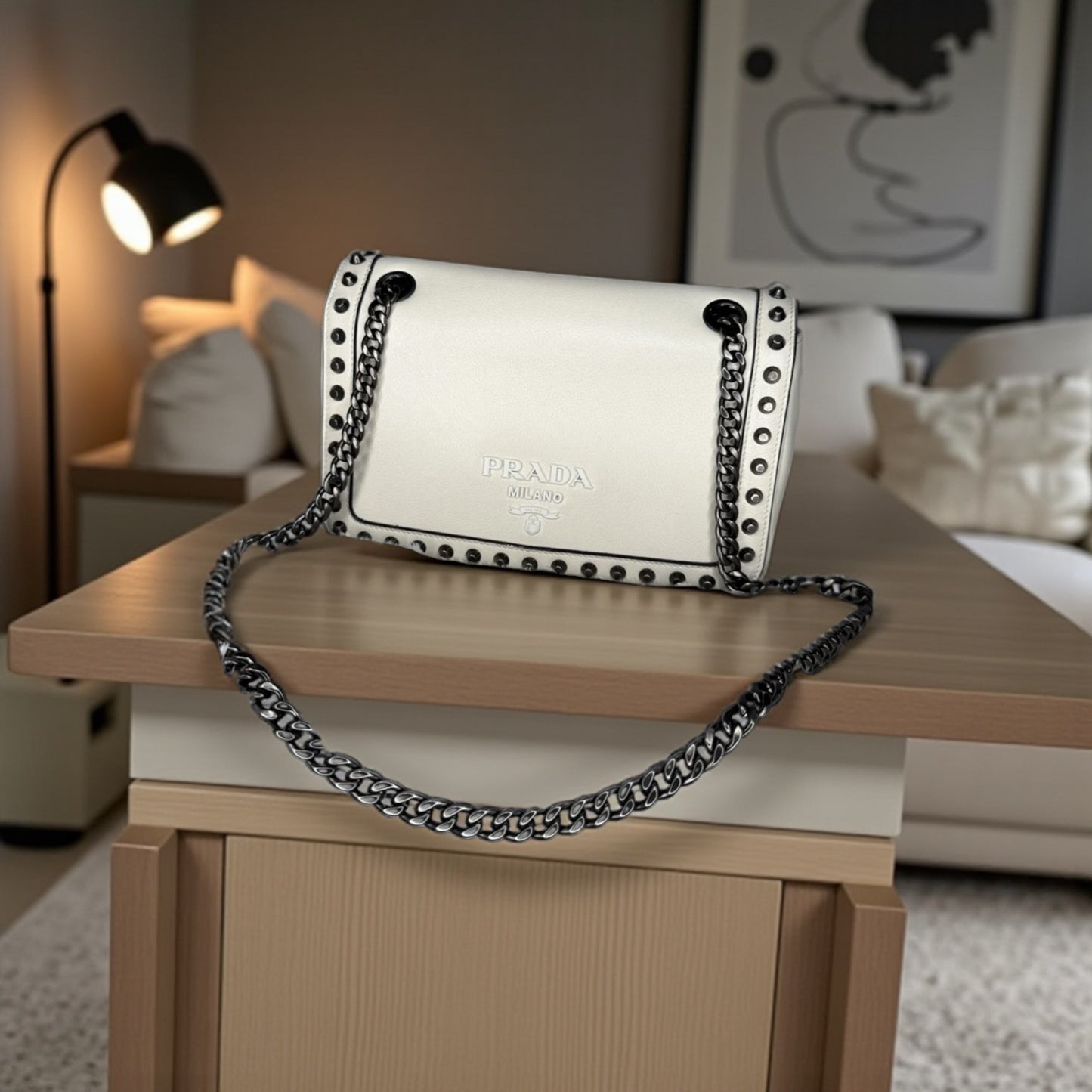 Prada Glace Calf Studded Crossbody Bag – White