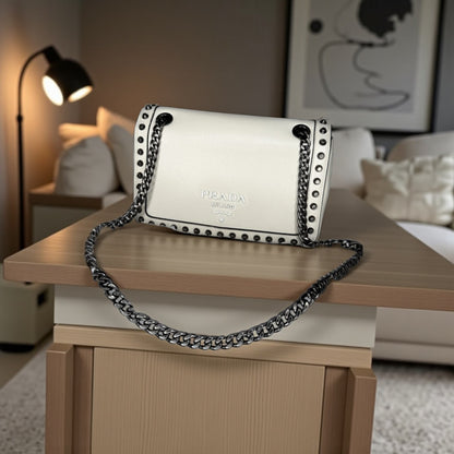 Prada Glace Calf Studded Crossbody Bag – White