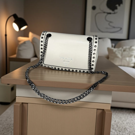 Prada Glace Calf Studded Crossbody Bag – White