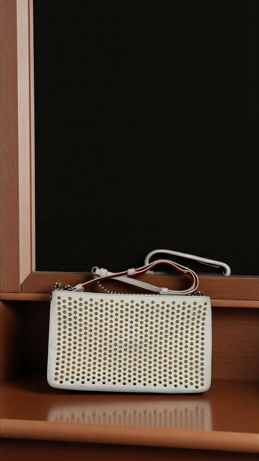 Christian Louboutin Paloma Clutch Bag – White with Gold Spikes