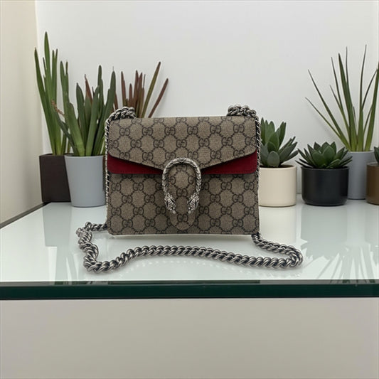 Gucci Dionysus Small GG Supreme Shoulder Bag – Red Suede Accent