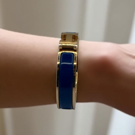 Hermès Clic H Bracelet in Gold & Blue Enamel