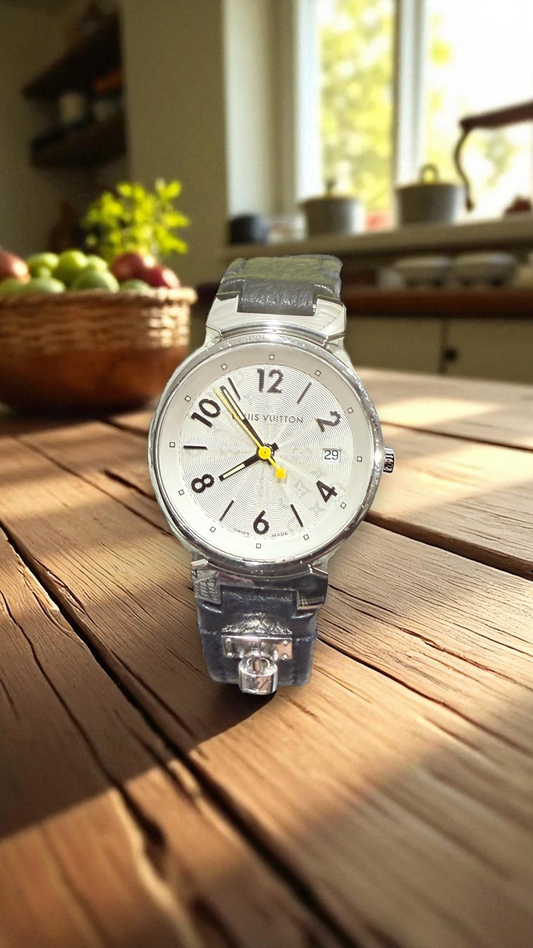 Louis Vuitton Tambour Watch with Black Leather Strap