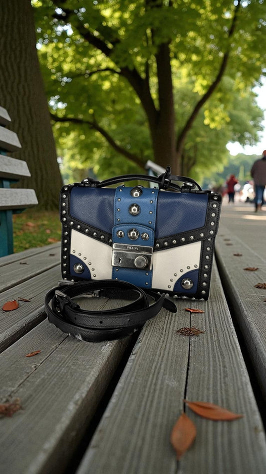 Prada Black/Blue Saffiano Leather Studded