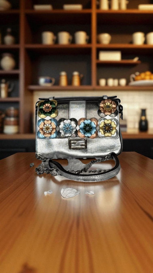Fendi Silver Leather Mini Bag with Floral Appliqué