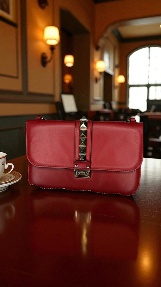Valentino Garavani Vitello Medium Glam Lock Rockstud Flap Bag – Red